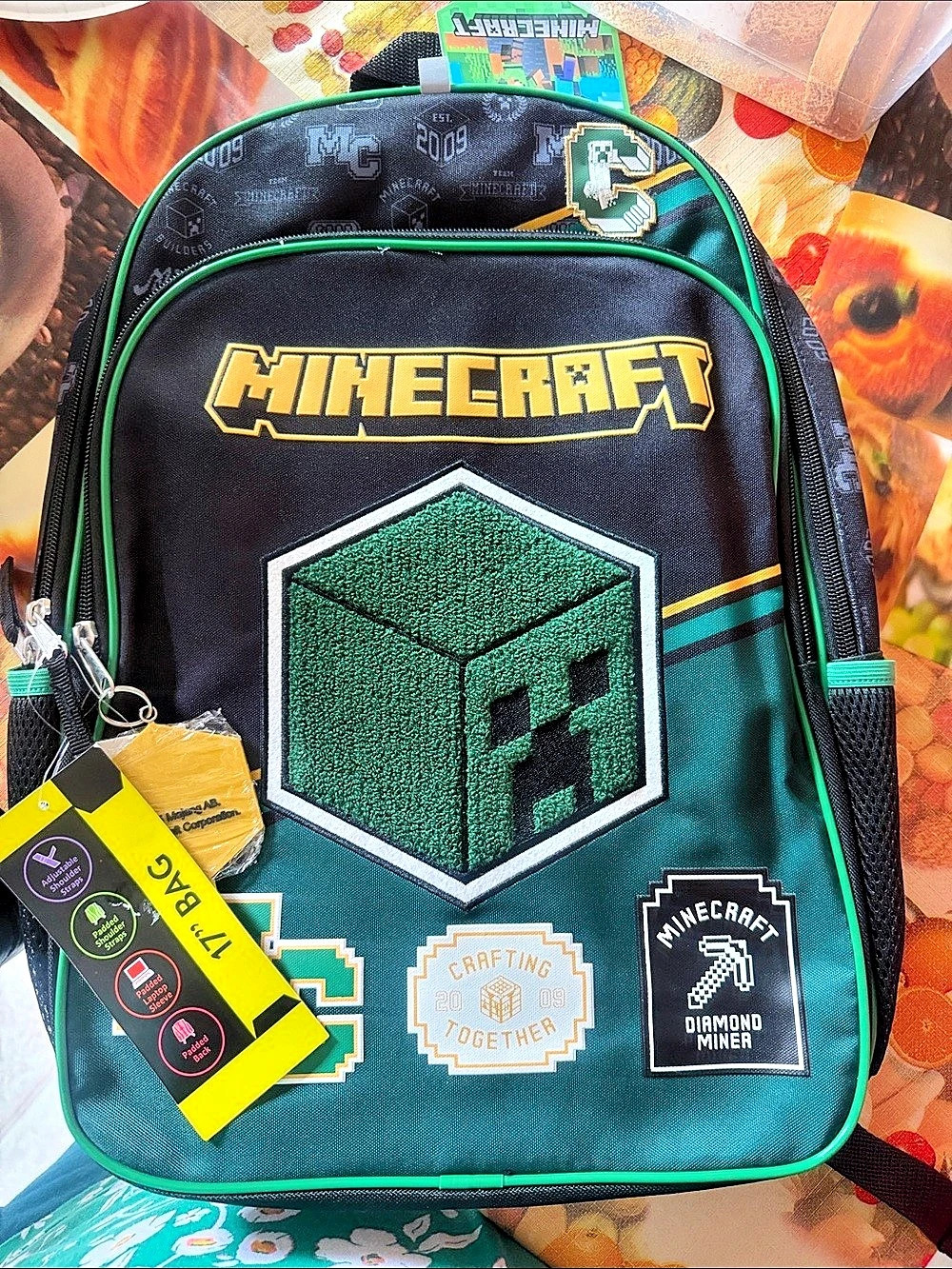 Minecraft Team Diamond Miner 17 Inch Backpack Creeper Backpack Black & Green